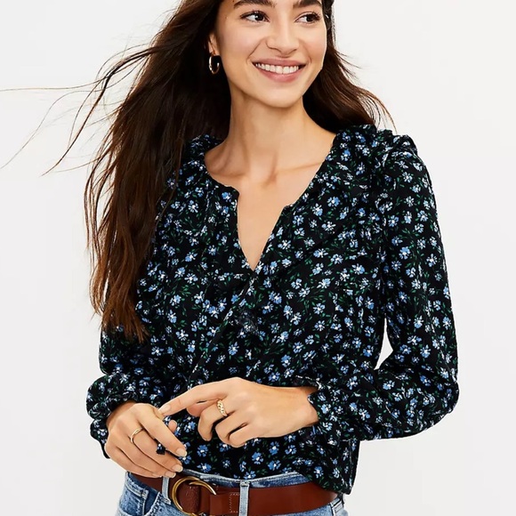 Loft New Women’s XL Floral Ruffles Tie V-Neck Long Sleeve Blouse - Picture 1 of 9